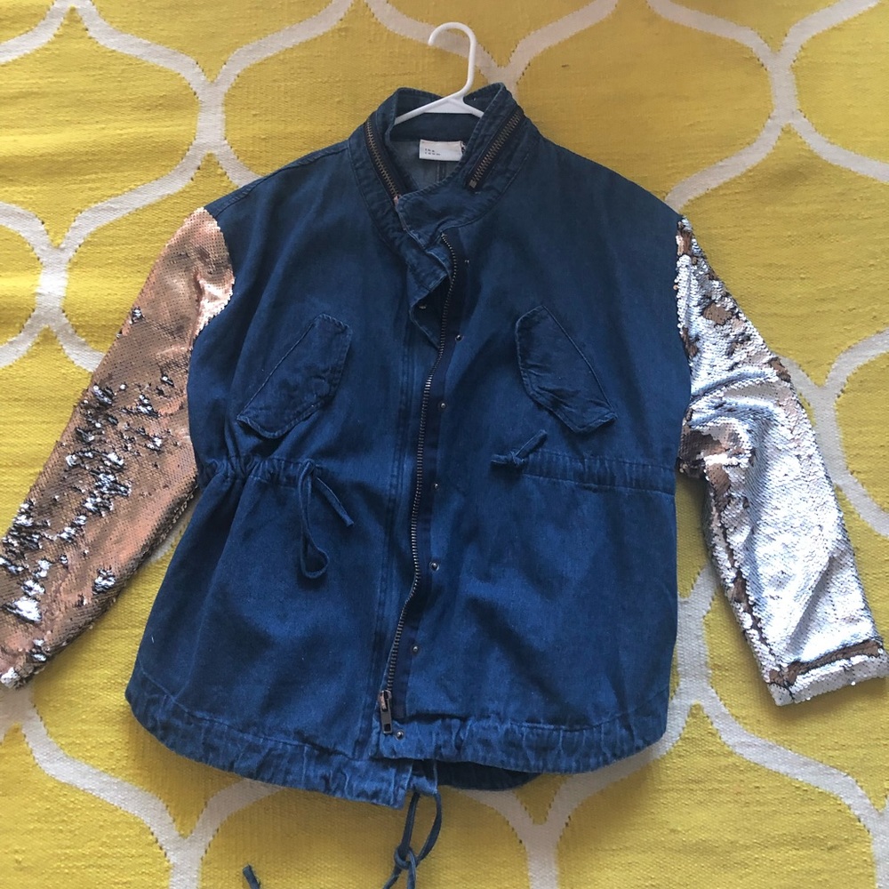 Sequined sleeve jean jacket